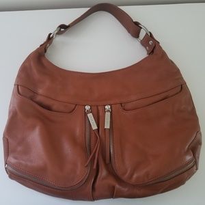 Perlina Brown Hobo Leather Bag with Zipper detail
